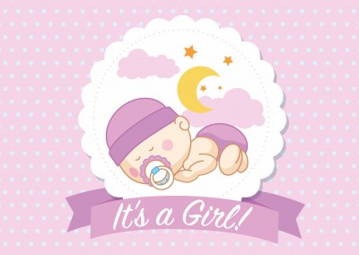 It's a girl- Lettering with sleeping baby-girl on pink background
