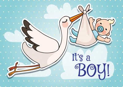 It's a boy-Lettering with stork and baby flying on a blue background