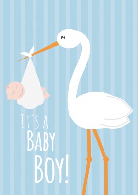 White It's a baby boy -Lettering with a stork and baby on a blue background
