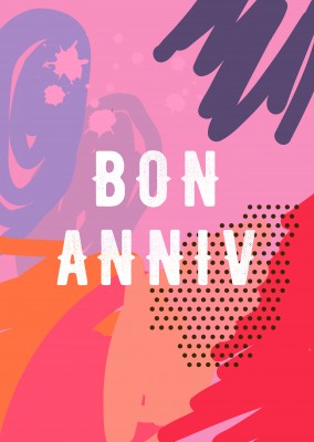 Bon anniv! Carte postale avec un univers coloré et artistique d'arrière-plan