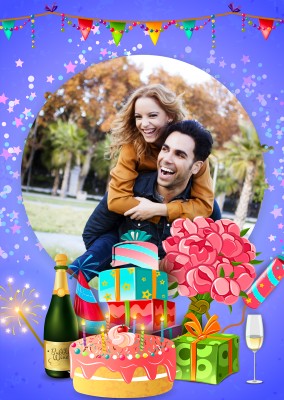 Geburtstagssparty: butne Grafik mit violettem Hintergrund, Wimpeln, Sekt und Geschenken