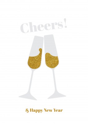 Cheers! Two champagne glasses on a white background.