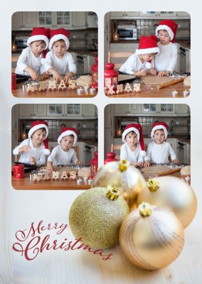 Festive template for four photos with golden Christmas balls