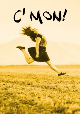 Photo of a young woman, jumping on a field in yellow
