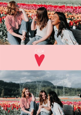 Tiny red heart on pink background, CREW text