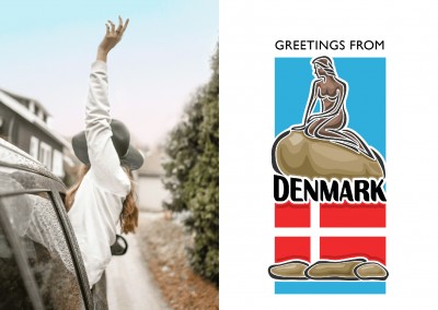Dänemark Grafik mit kleiner Meerjungfrau und dänischer Flagge auf weissem Hintergrund–mypostcard