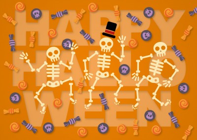 Orange Happy Halloween card with skeletons