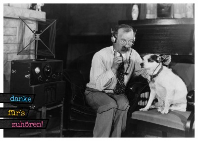 Danke für's zuhören Vintage Foto Mann mit Hund und Kopfhörern