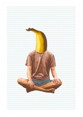 Man on yoga position with banana head