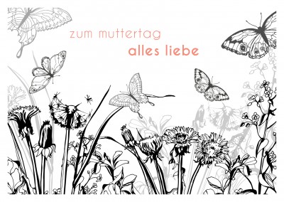 Muttertags illustration in schwarz weiss mit Blumenwiese und Schmetterlingen