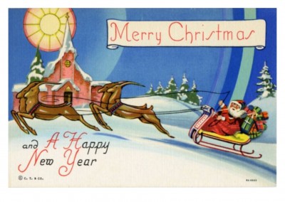 Curt Teich Postal Colección De Archivos Feliz Christmas_santa_and_his_reindeer