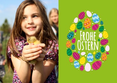 frohe Ostern mit bunten Ostereier in Ostereiform auf grünem Hintergrund
