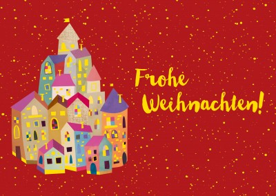 rote weihnachtskarte mit illustration von häusern mit frohe weihnachten