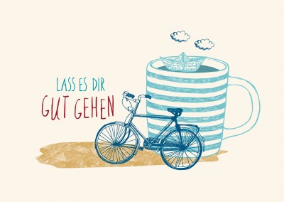 Illustration mit Fahrrad, Kaffeetasse und Papierschiffchen mit Spruch 