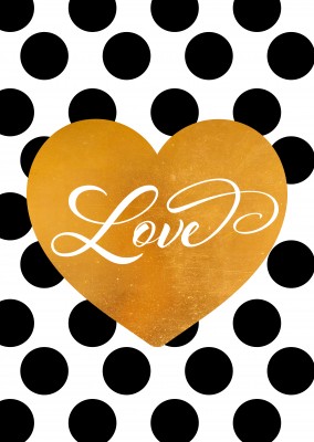 Love handwritten in golden heart with black dots background