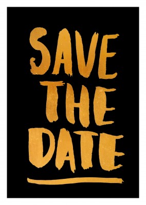 Save the date in golden lettering on black background–mypostcard