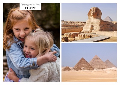 two photos with pyramids and sphinx of Gizeh
