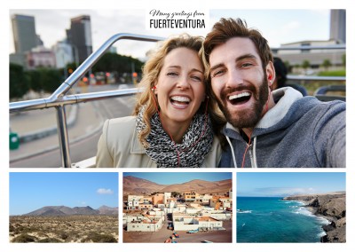 three photos of Fuerteventura with beach and volcano landscape