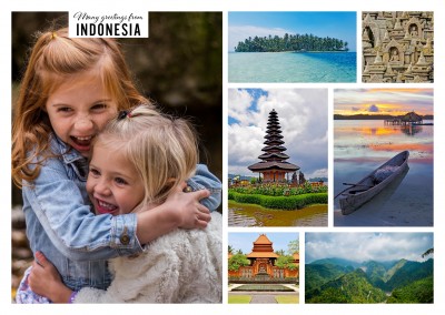 six photos with different temples of Indonesia