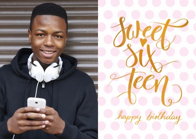 Sweet sixteen-happy birthday card with pink dots in background and handlettering