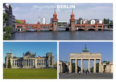 Postcard with three photos of Berlin with Oberbaumbrücke, Reichstag and Brandburger Tor
