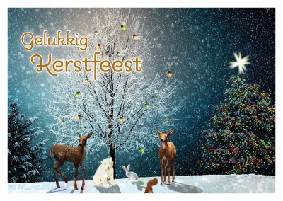 illustratie van het besneeuwde winterlandschap met kerstboom en dieren