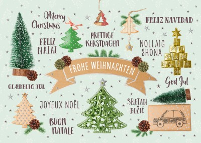 Illustration Tannenbaum verschiedene Sprachen Weihnachtsdeko