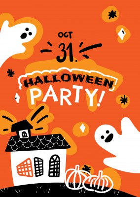 CartÃ£o laranja com fantasmas. Halloween party!