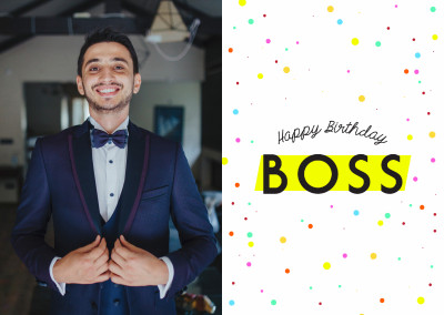 Tarjeta blanca con topos de colores diciendo Happy Birthday Boss