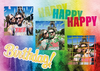 happy birthday triple collage with crazy, colurful background blurr