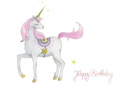 Felice carta di Compleanno con illustrazione di unicorno