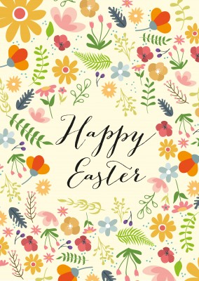 happy easter with flower pattern and yellow background