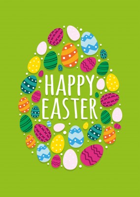happy easer with colorful easter-eggs and green background