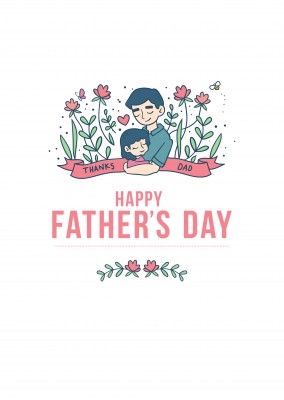 Vater hält Tochter im Arm mit Blumen 