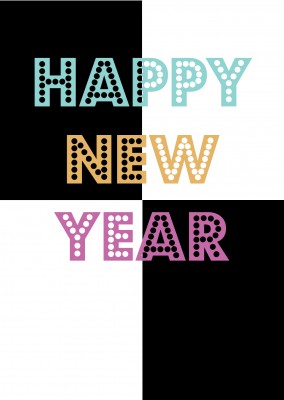 black and white happy new year card with colored lettering