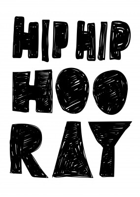 Hip Hip hooray written in bold, black lettering on white ground–mypostcard