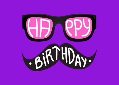 hipster birthday wishes with nerd glasses and moustache (purple)