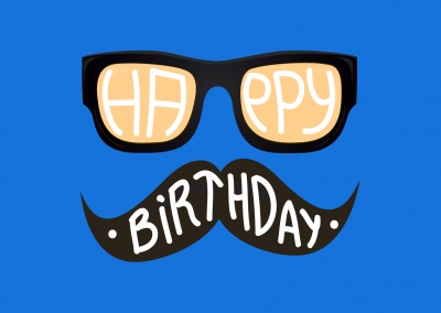 hipster birthday wishes with nerd glasses and moustache (blue)