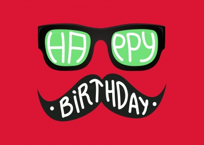 hipster birthday wishes with nerd glasses and moustache (red)