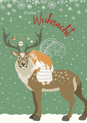 Kinderbild Hirsch und kleines Mädchen als weihnachtliche Postkarte