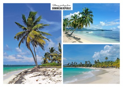 White beaches of the Dominican Republic with palms in three photos