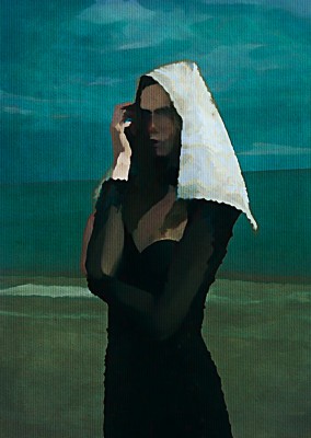 Kubistika woman with head cloth by the ocean