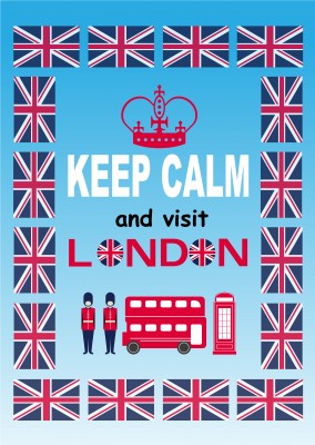 greetingcard with keep calm and visit London sign and graphics around