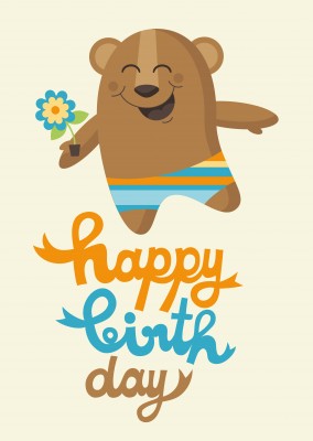 Cute little bear illustration with swimming pants, flower and blue n orange lettering saying happy birthday