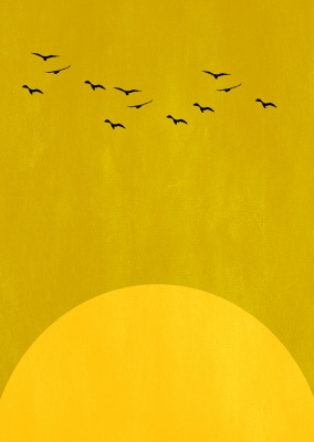 Gelbe Sonne mit Vogel Silhouetten