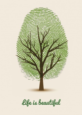 Illustration mit grünem Baum und Fingerabdruck