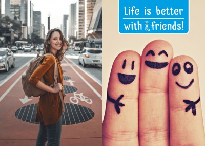 fingers with painted smileys and quote: life is better with good friends