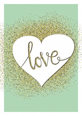 Love in goldenem Herz auf mintgrünem Hintergrund–mypostcard