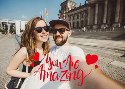 Quote you are amazing in red handwriting and two red hearts