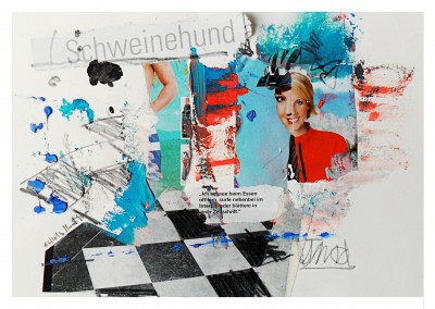 Collage by Belrost with woman's faces, colour splashes and other snippets